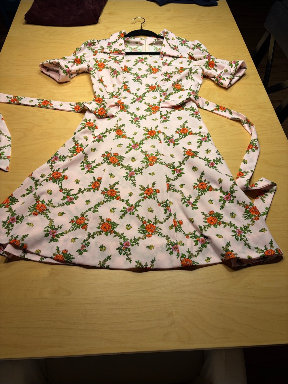 Floral Tie-Waist Fit & Flare Dress - Pink with Orange Rose Print